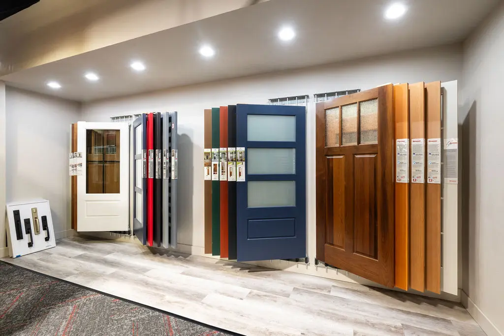 Door samples in various colors at the Golden State Lumber Newark showroom