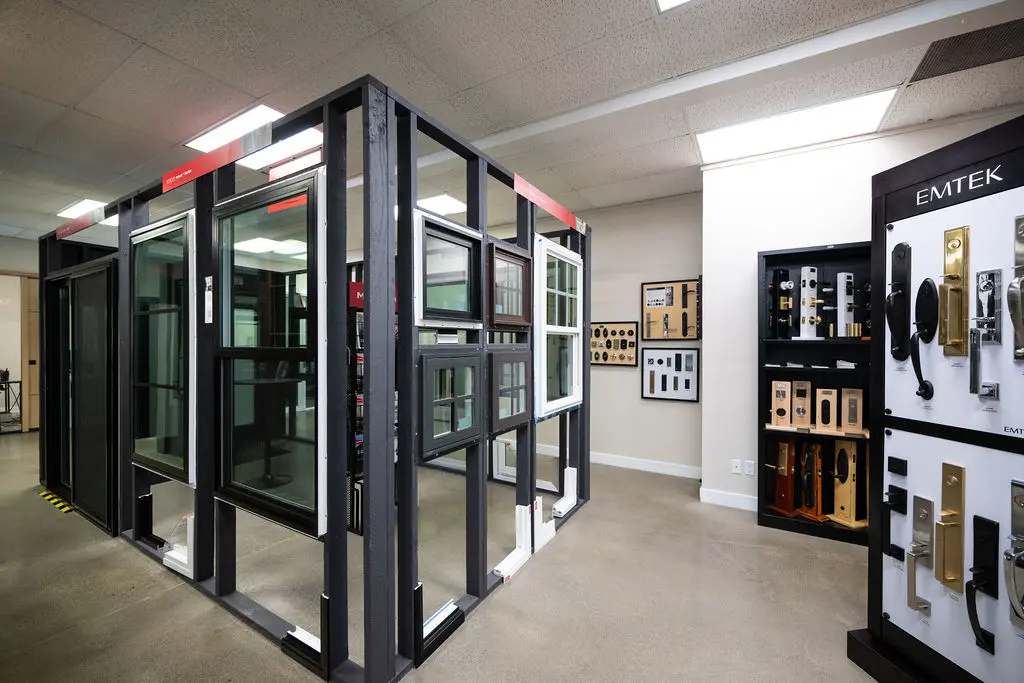 Display of Milgard windows and Emtek door hardware at Golden State Lumber Sacramento Showroom