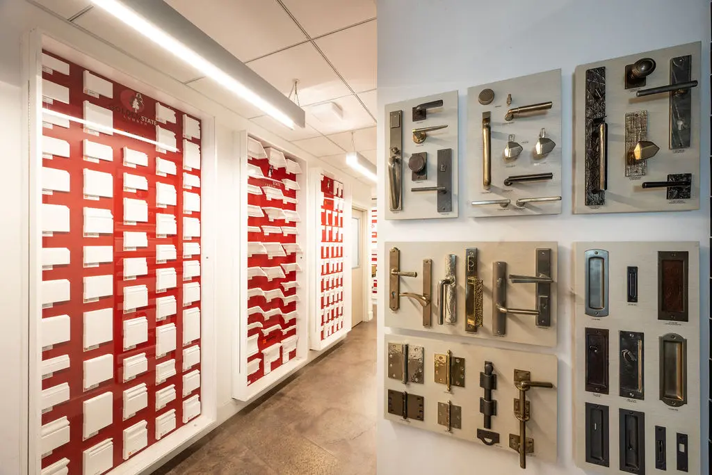 Moulding and hardware wall displays at Golden State Lumber San Francisco showroom