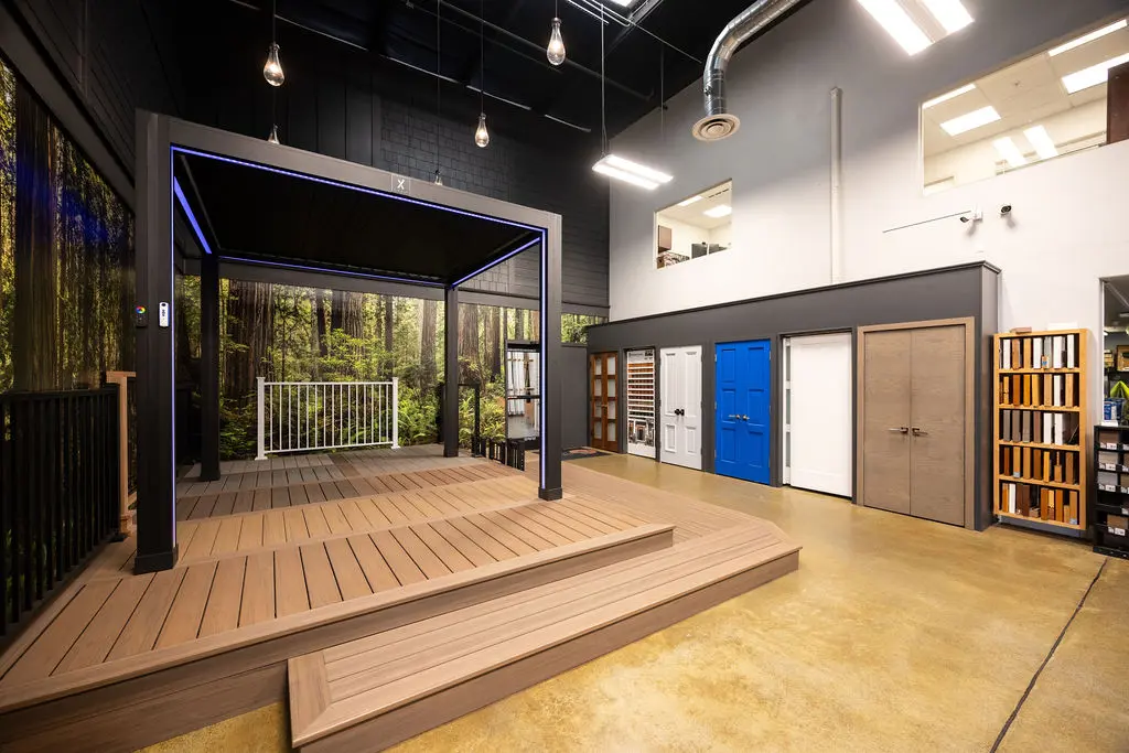 Large decking display with pergola in the Golden State Lumber San Rafael showroom