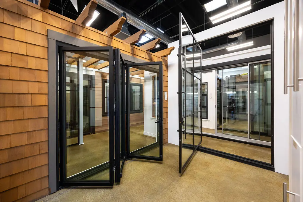 Open patio and bifold doors on display Golden State Lumber San Rafael showroom