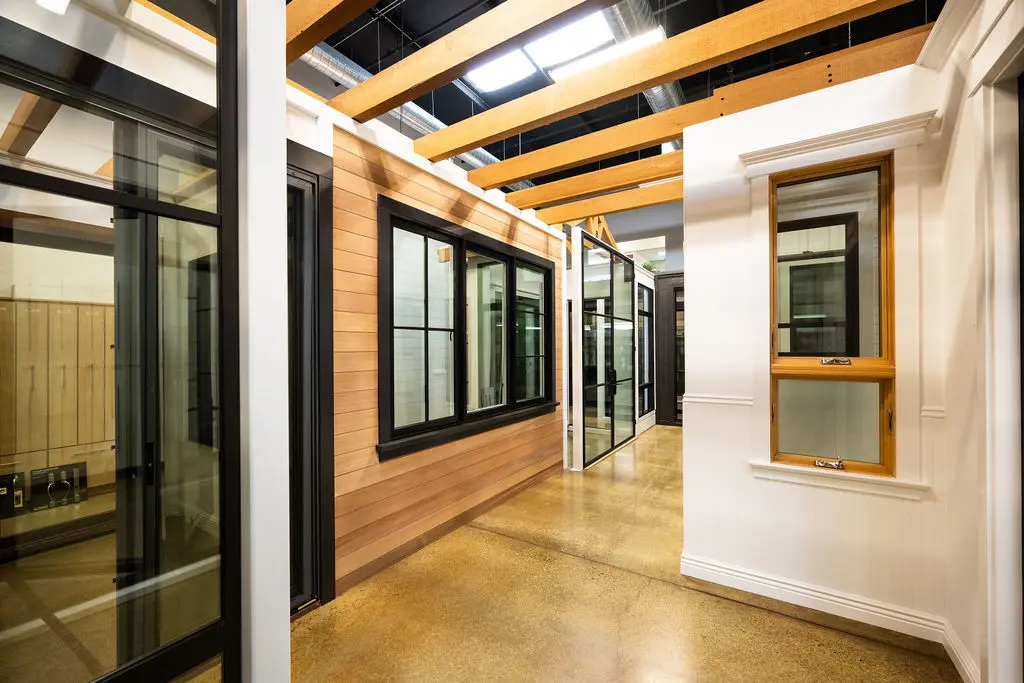 Various door and window displays at the Golden State Lumber San Rafael showroom