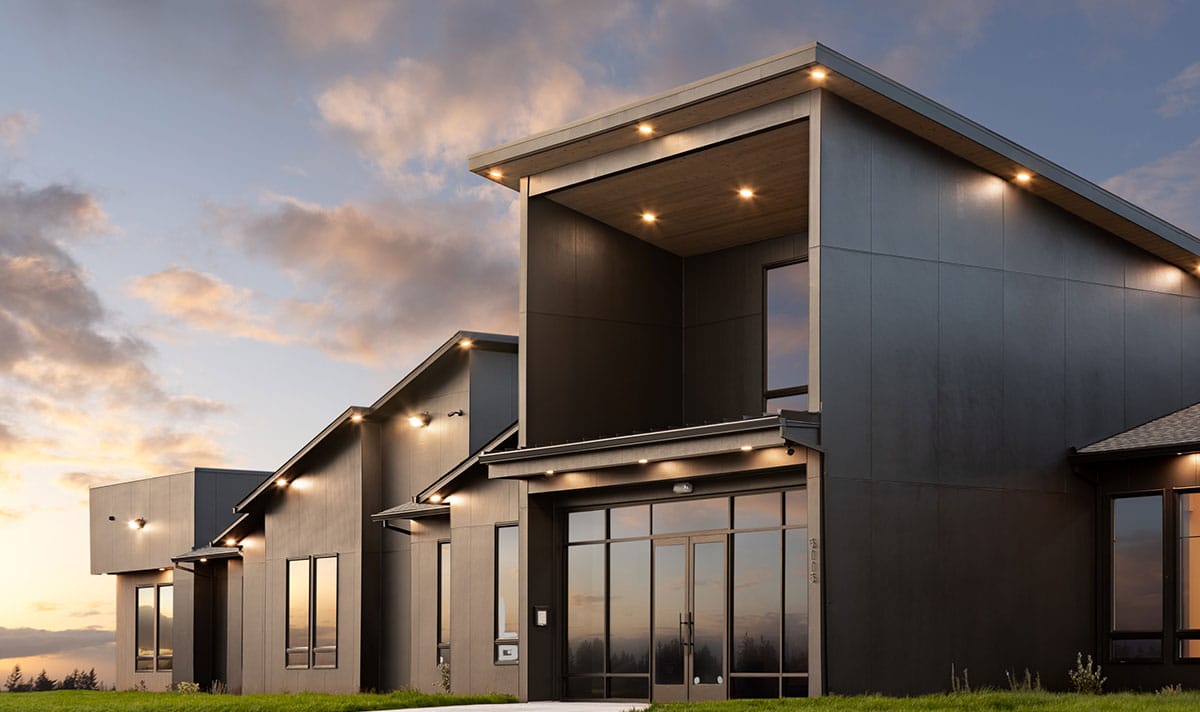 James Hardie modern home with gray siding in Salem at sunset
