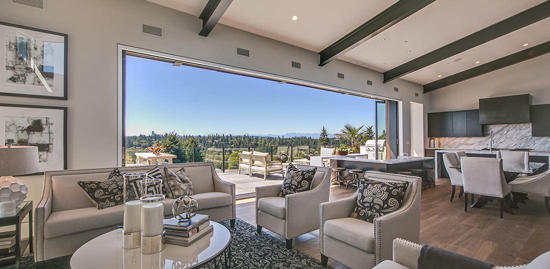 Open living room dining area with sliding LaCantina Doors
