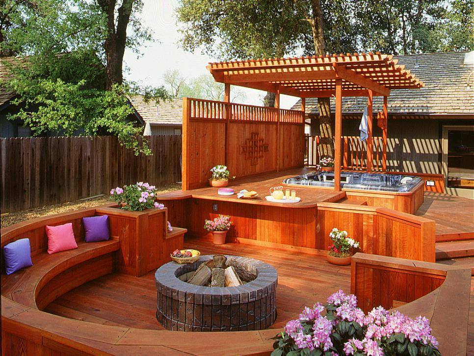 circular fireplace on Redwood Empire decking