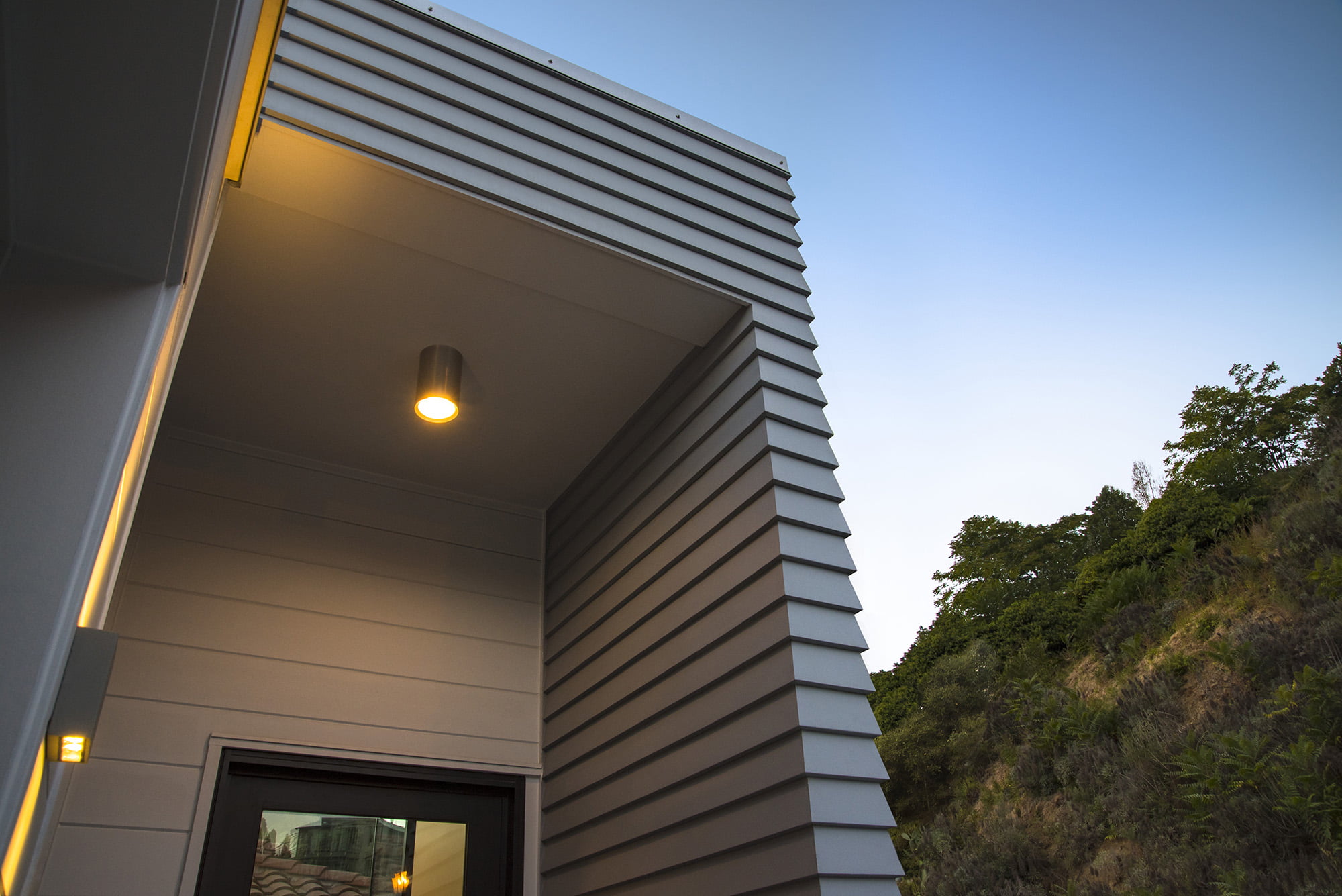 James Hardie gray artisan siding on home entryway