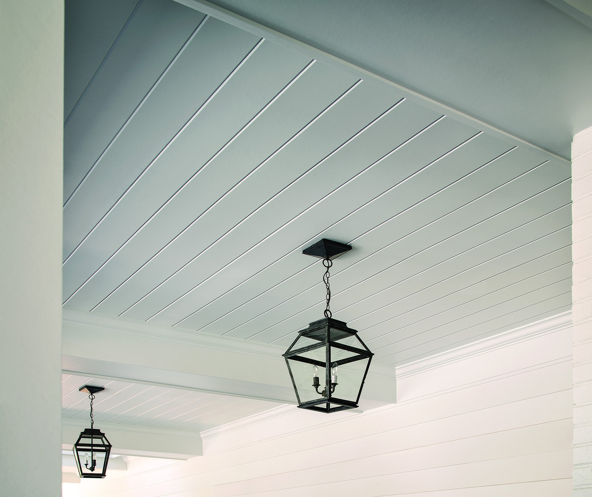 James Hardie white lap siding on a porch ceiling