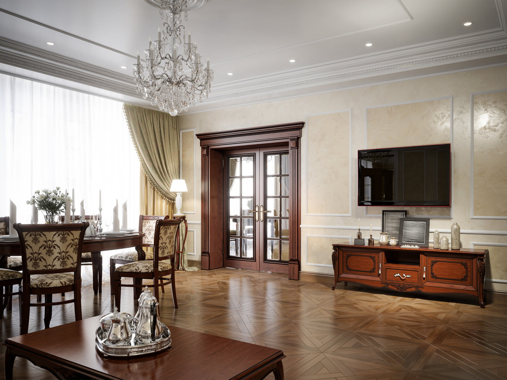 open living area dining room large chandelier EL and EL Wood Products