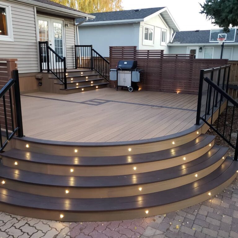 Fiberon backyard multi level decking with lighted stairs