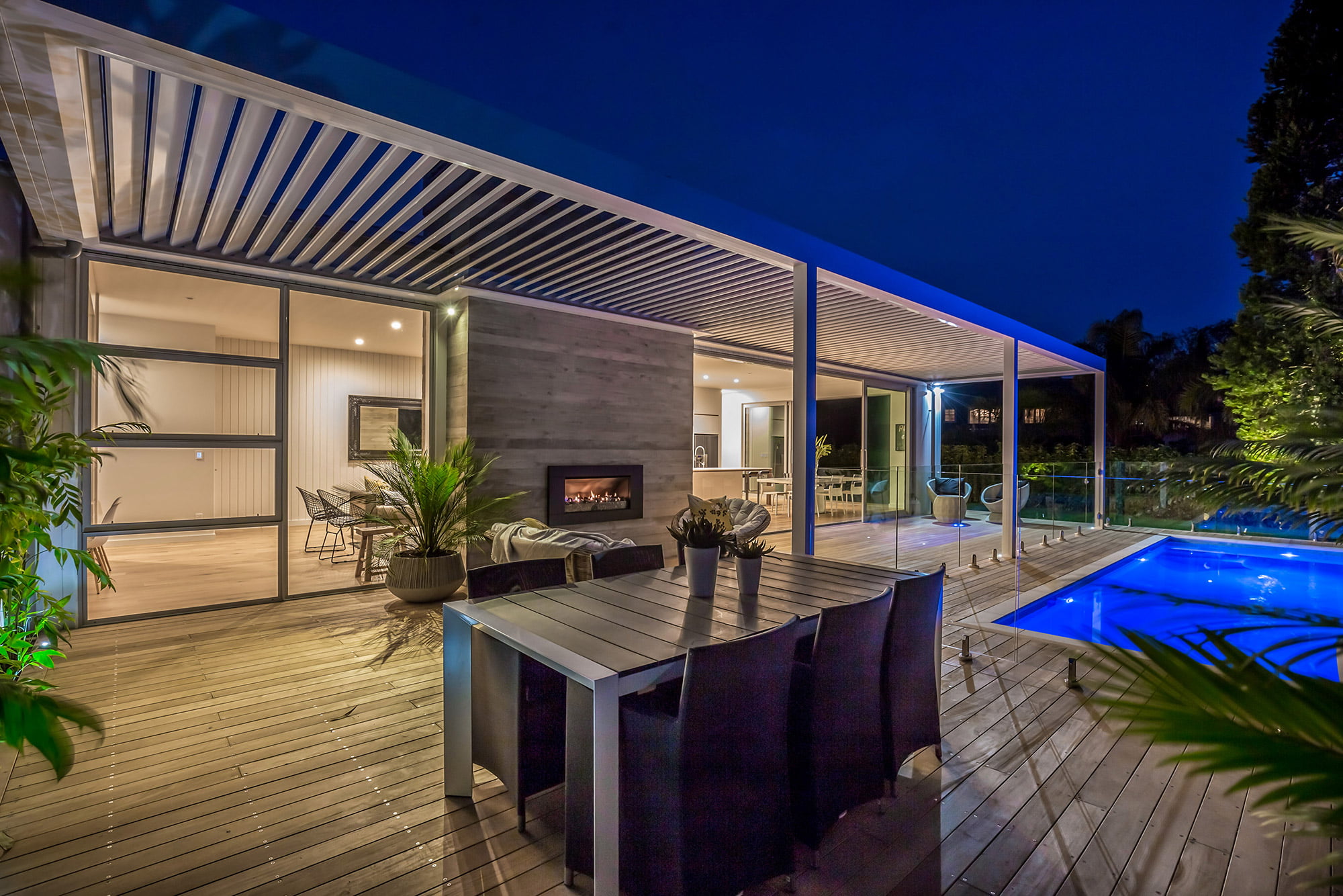 Tru-Pine poolside pergola at night