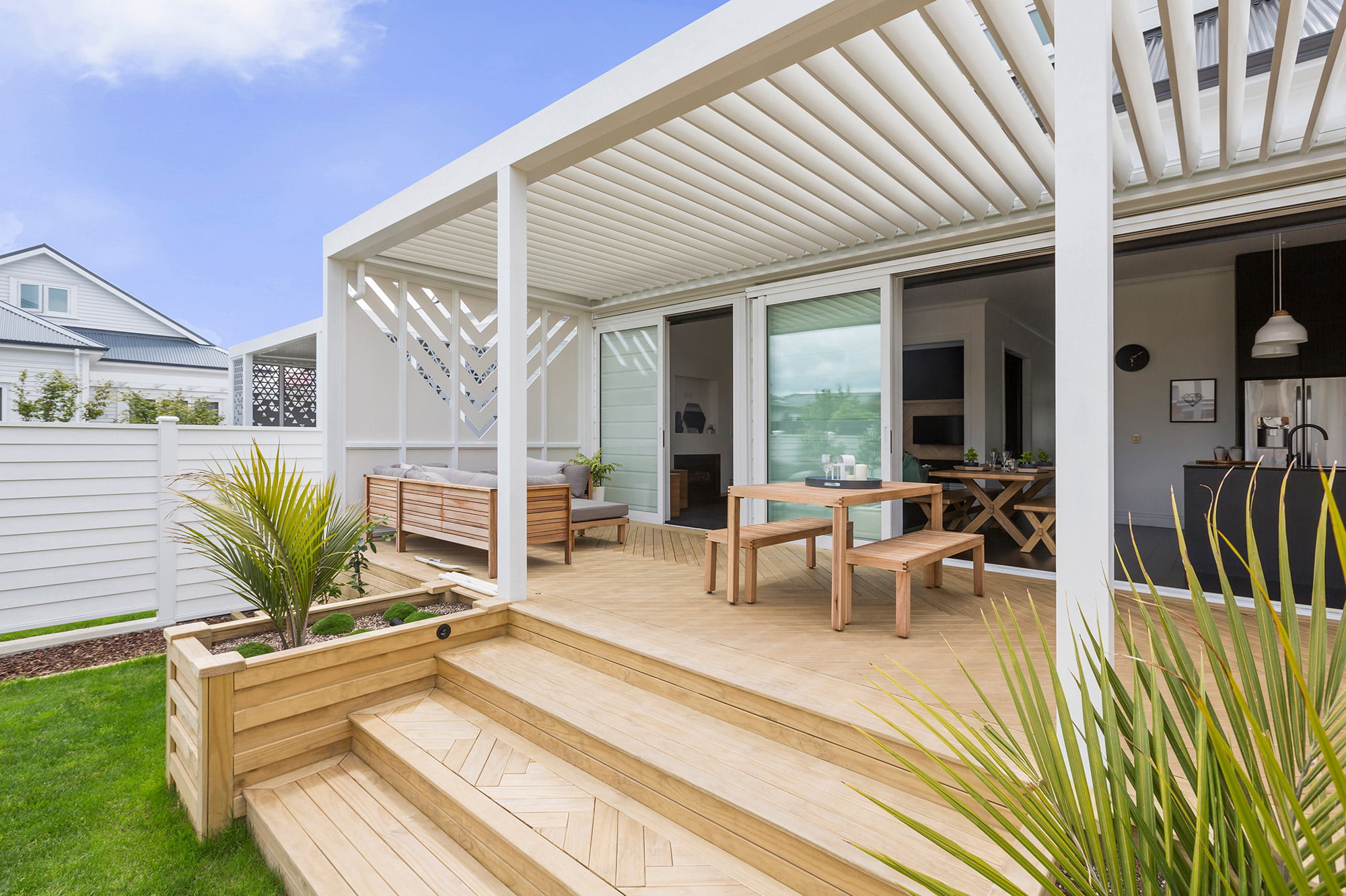 Tru-Pine private pergola patio seating custom wall