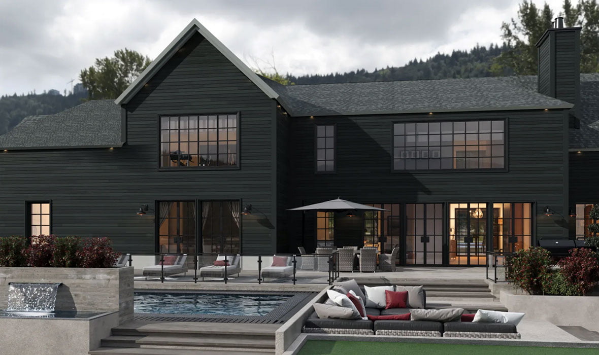 Modern black farmhouse with metalunic architectural steel siding from Doman Building Materials