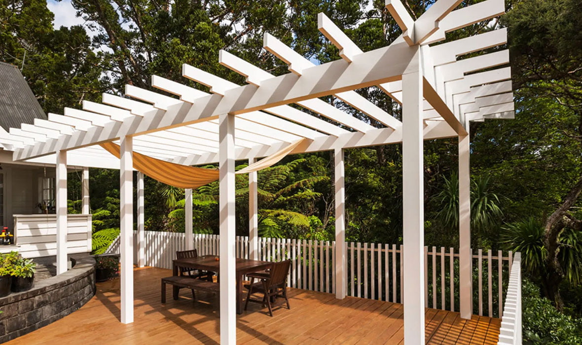 White outdoor pergola from Doman Building Materials