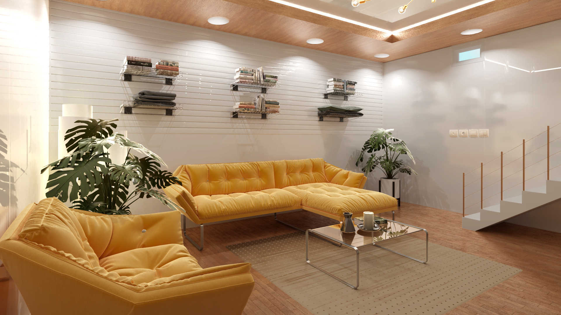 Trusscore basement lounge with yellow sofas