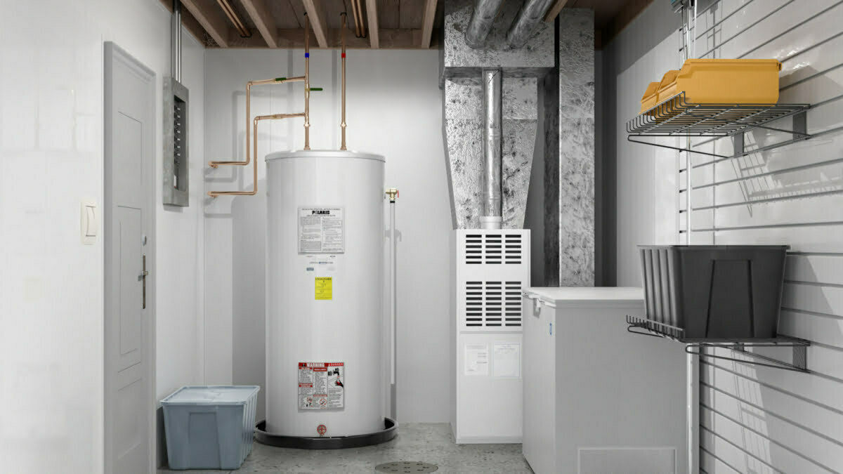 Trusscore inside a furnace room with water heater