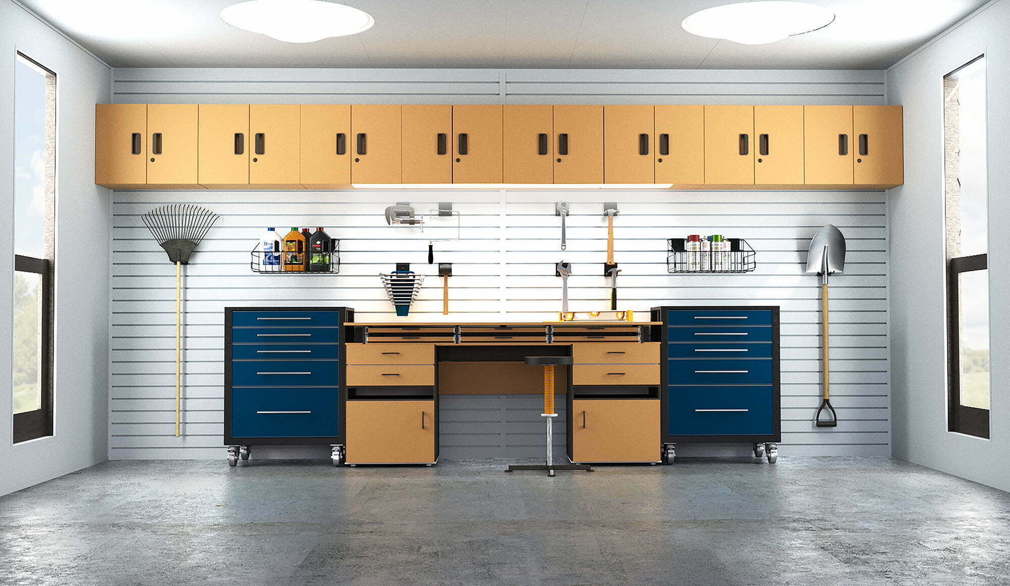 Trusscore in garage with wooden work bench and blue cabinets