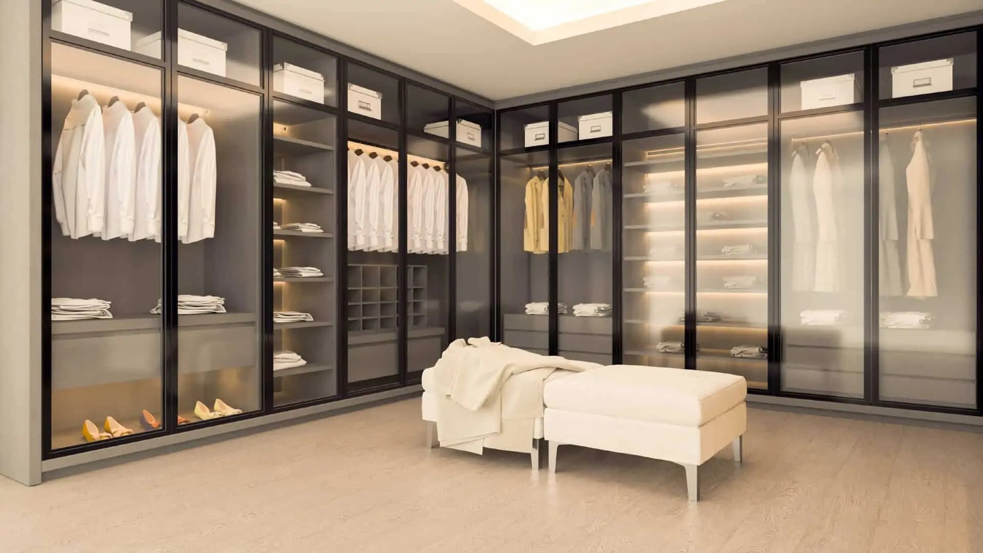 Modern Mill acre panels inside large walk-in closet