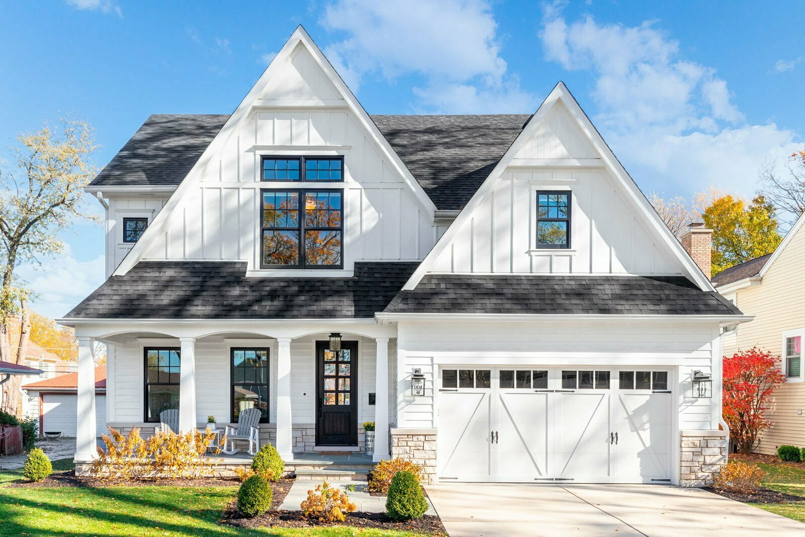 Modern Mill board and batten grid on farmhouse-style home