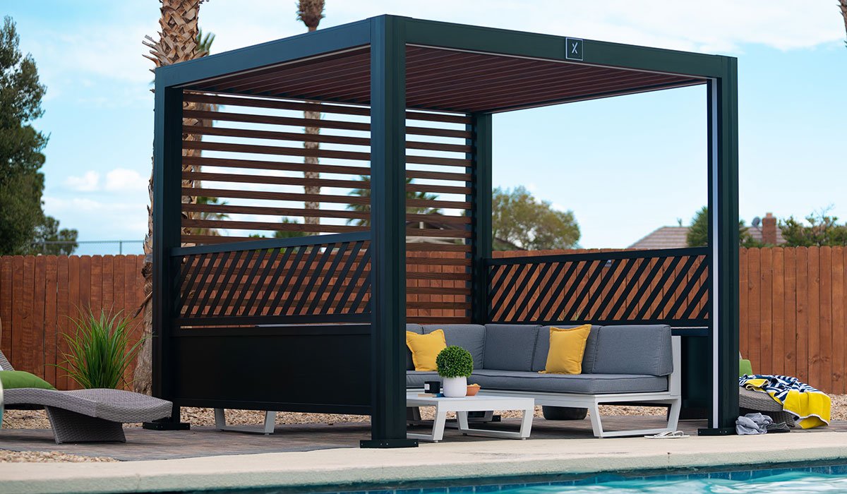 StruXure CabanaX in Las Vegas, NV with gray and yellow outdoor seating by pool