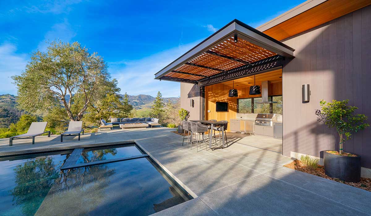 Mataverde SaferWood fire retardant treated thermally modified Hemlock siding in high fire zone at pool house