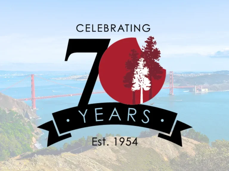 Golden State Lumber 70th anniversary logo with aerial view of Golden Gate Bridge in the background