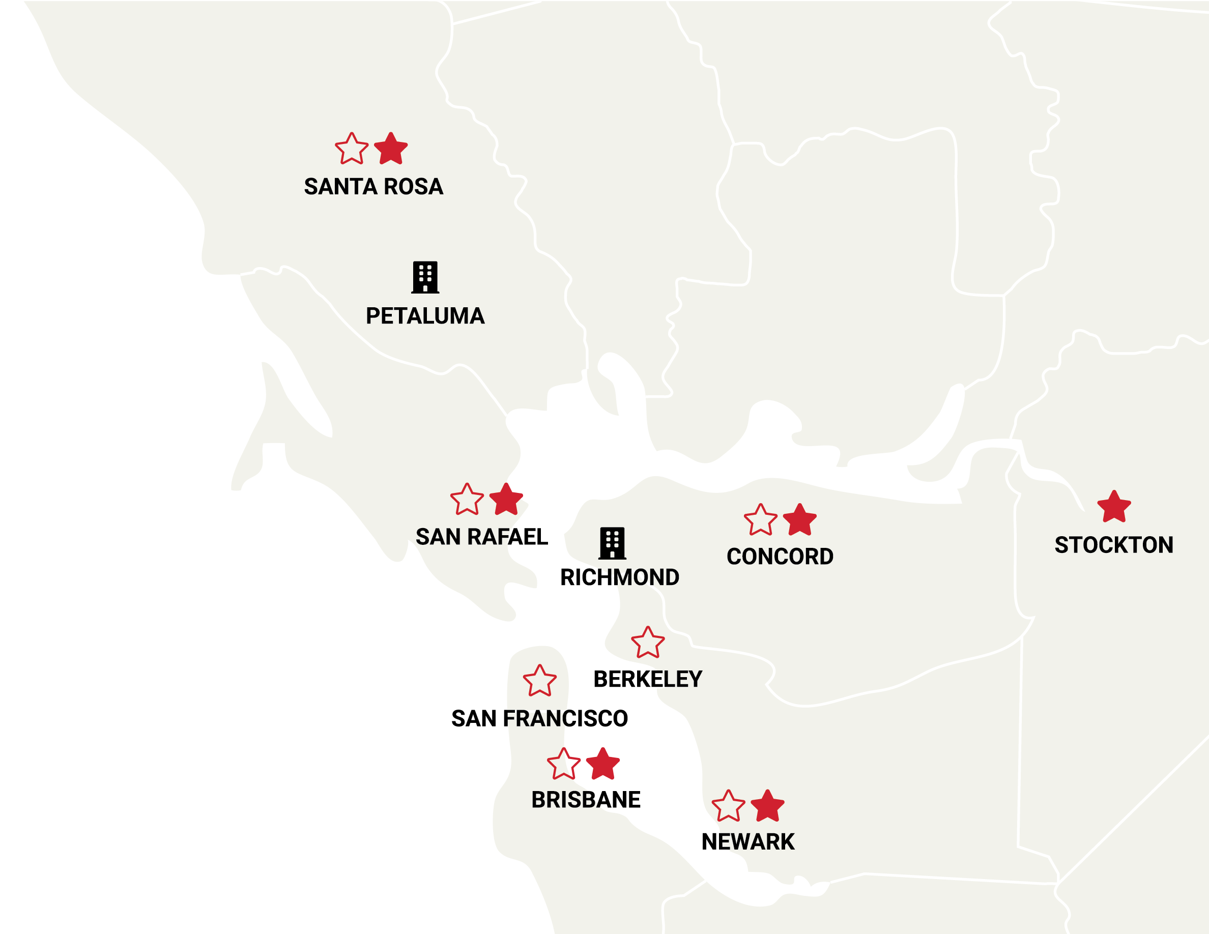 Golden State locations map in tan
