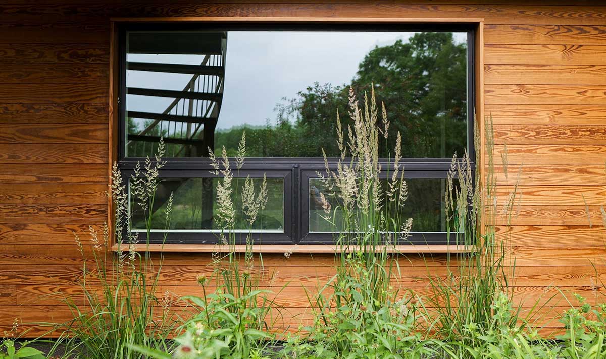 Arbor Wood Co pine siding and soffit around kitchen window