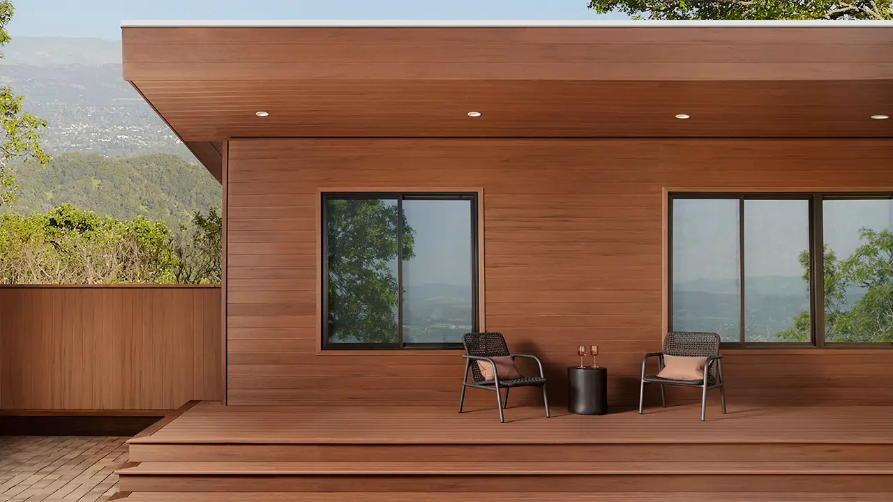 Front view of AZEK Exteriors vintage cladding deck in mahogany