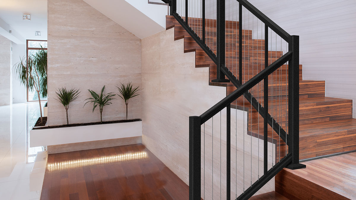 Feeney vertical CableRail infill black frame on home stairs