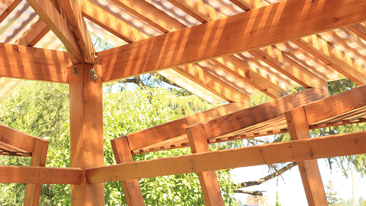 Closeup of pergola with redwood lumber from Humboldt Sawmill