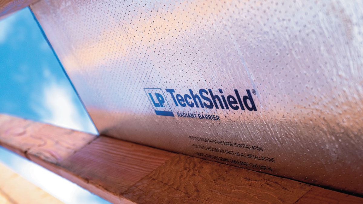 Closeup of LP TechShield Radiant Barrier closeup logo on weatherproofing