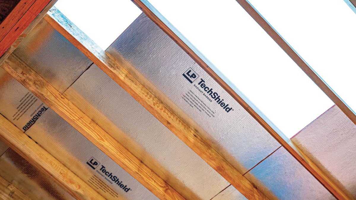 Inside view of LP TechShield Radiant Barrier on home roof from below