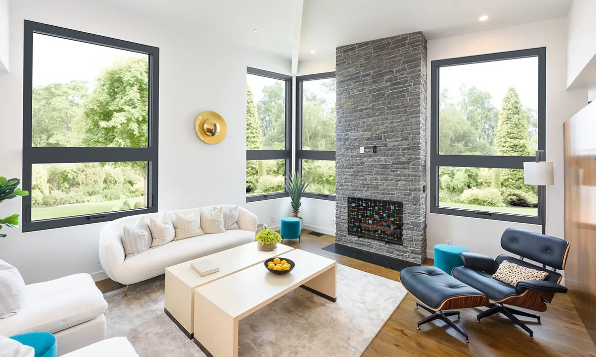 Milgard C700 Fiberglass windows in a brightly lit living room