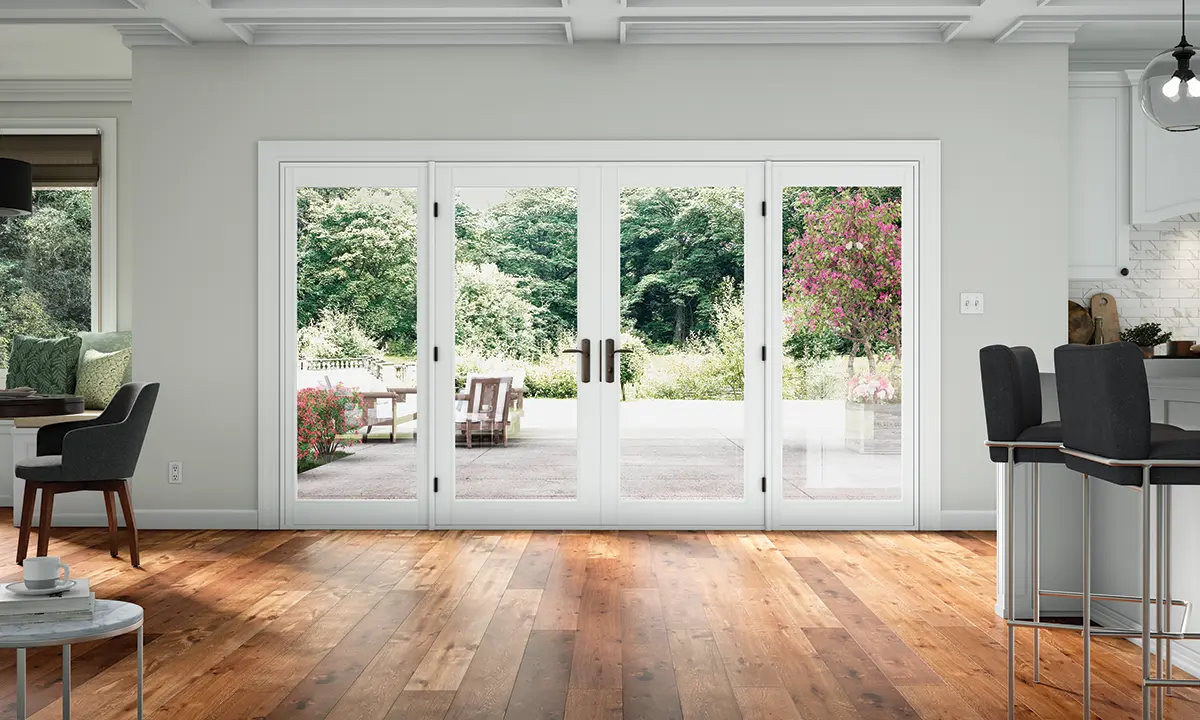 Interior view of Milgard Tuscany Bifolding vinyl patio doors with white trim