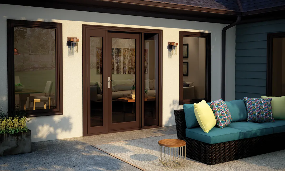 Milgard Tuscany vinyl patio doors and windows in dark brown overlooking bright patio furniture