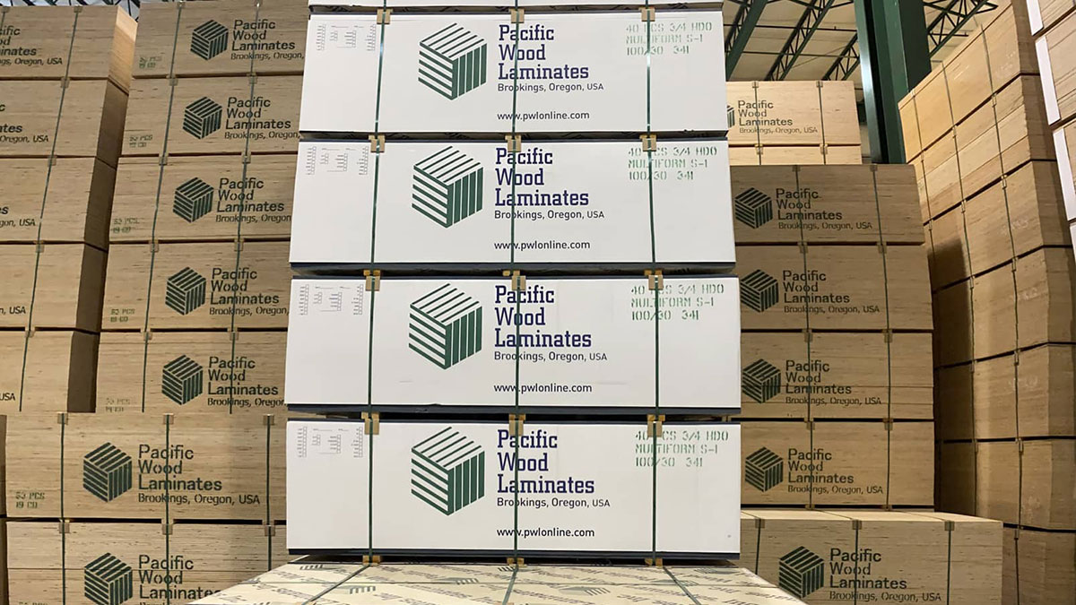 Stacks of Pacific Wood Laminates plywood and laminated veneer lumber