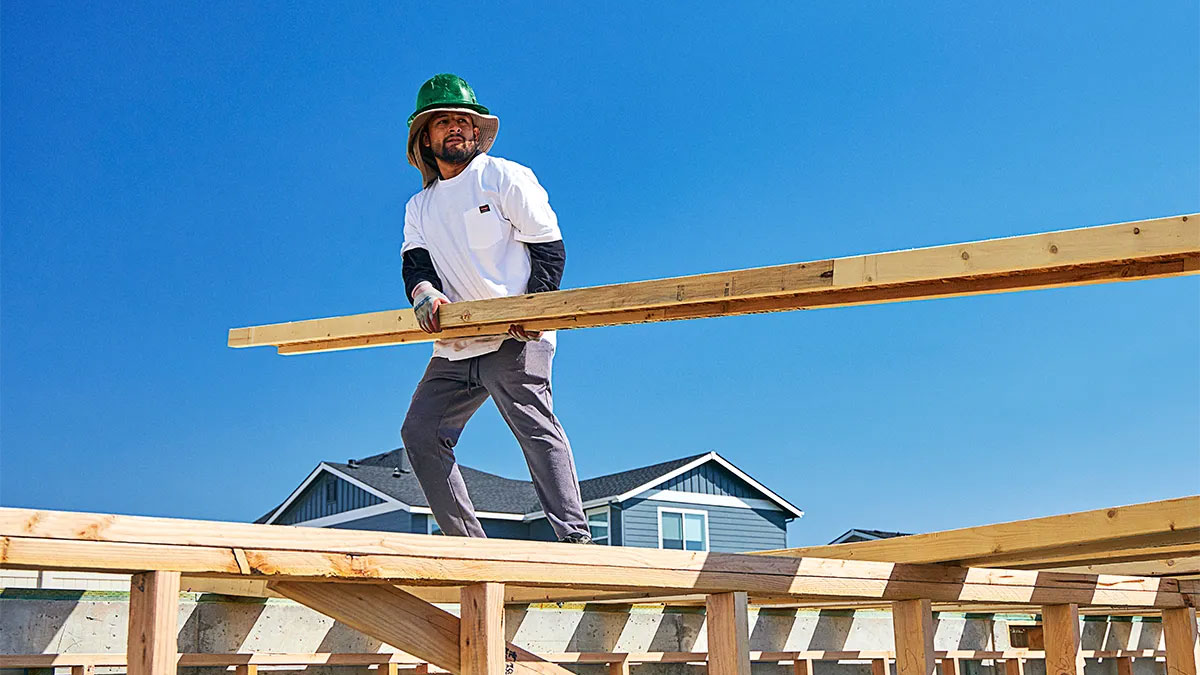 Contractor pulling PWT I-Joist on home build