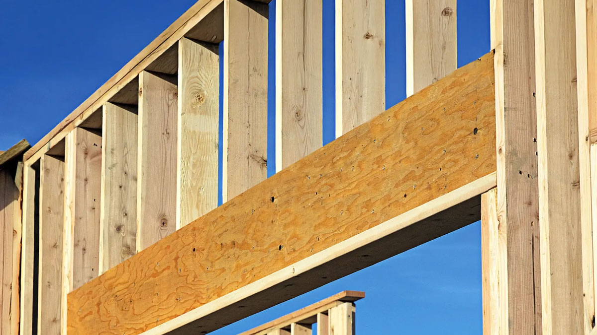 Closeup of PWT LVL panel on a home build