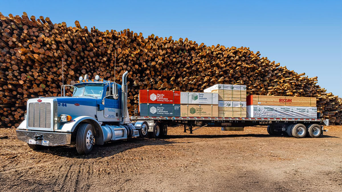 Socomi truck loaded with Pacific Wood Laminates products