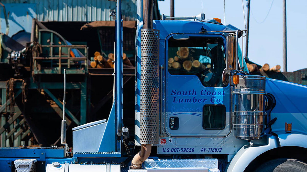 Closeup of blue South Coast Lumber truck