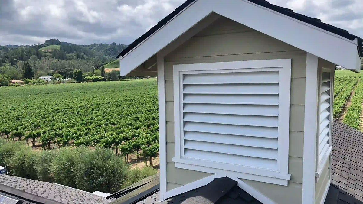 Vulcan Vent retrofit gable vent on roof of vineyard home