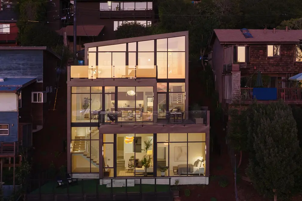 Aerial view of a tri-level home in Sausalito with Western Architectural Openings window walls