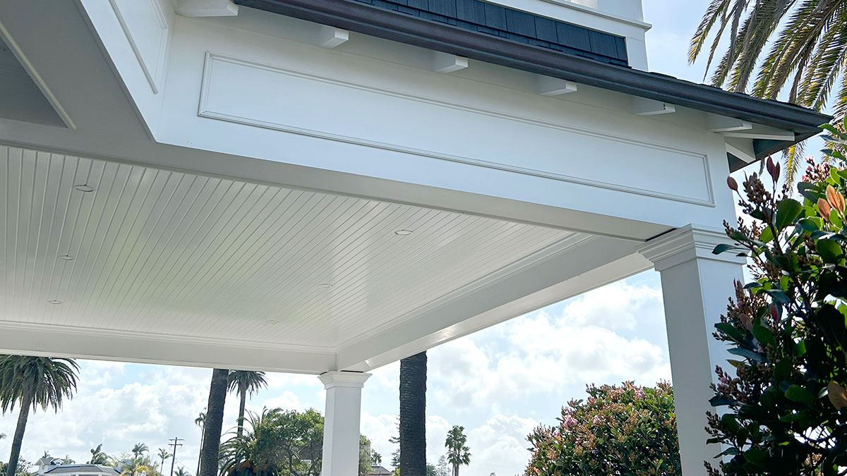 View of WindsorONE trim board on a porch ceiling on a San Diego home