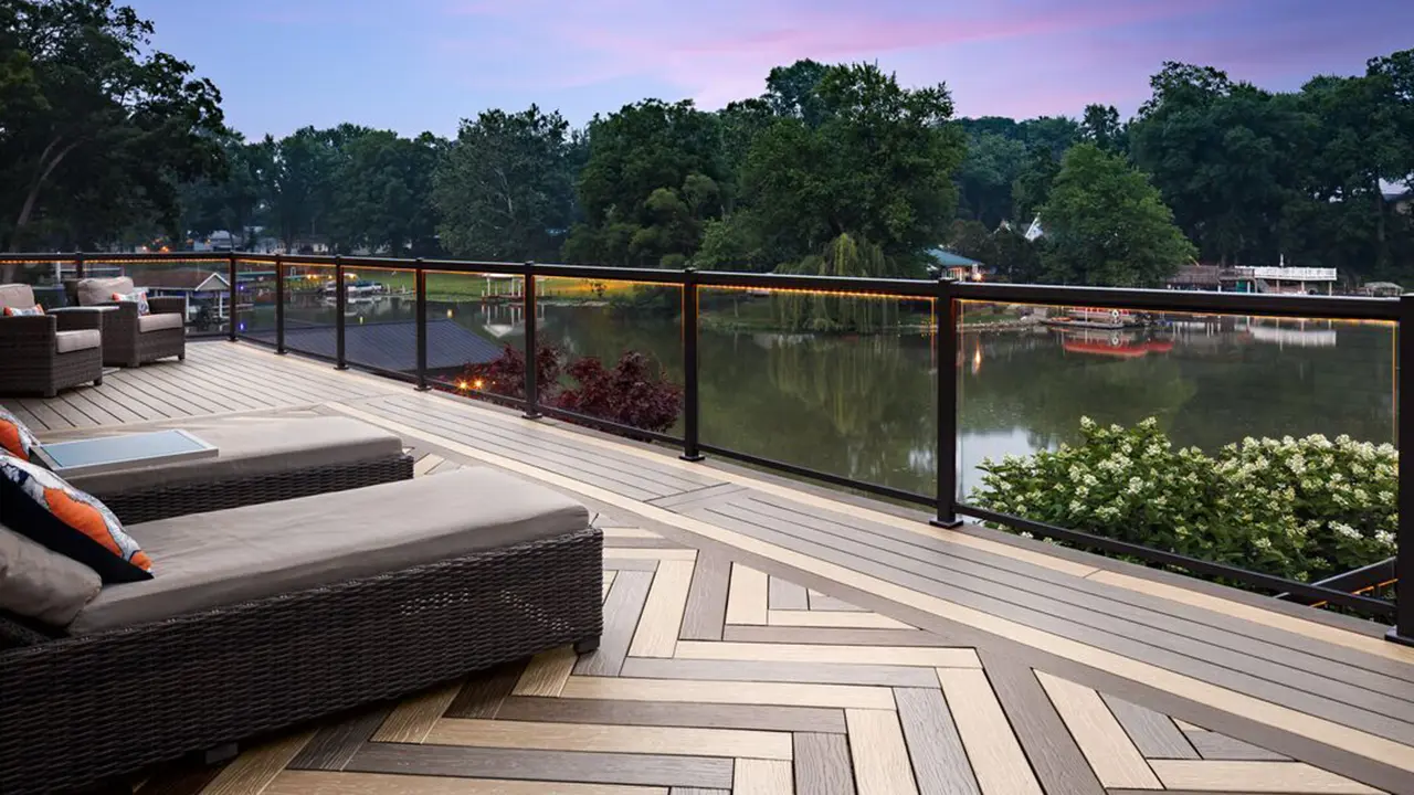 MoistureShield composite decking on riverfront home at sunset